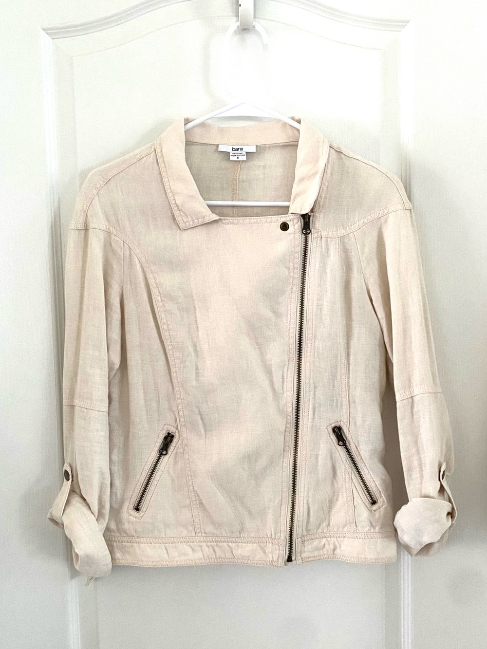 Bar III 100% Linen Cream Asymmetrical Moto Jacket Roll Tab Size S